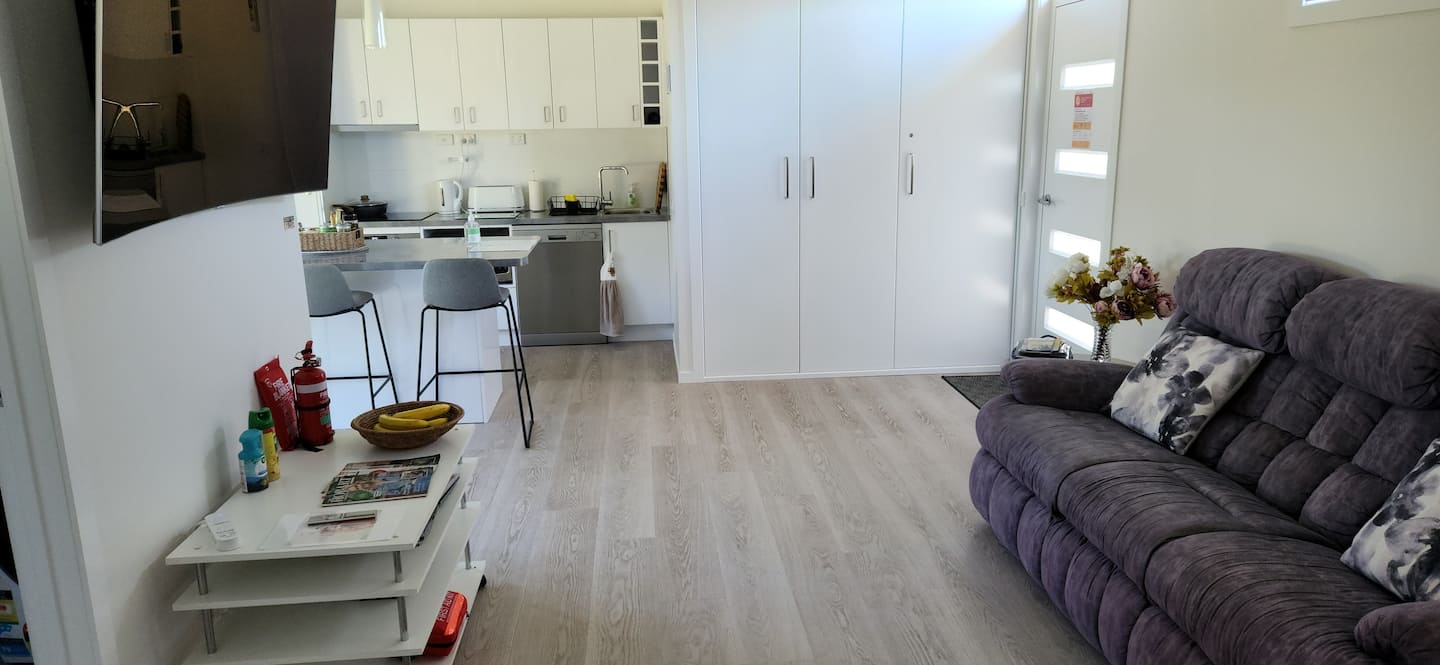 Living room and kitchen with a sofa and island bench